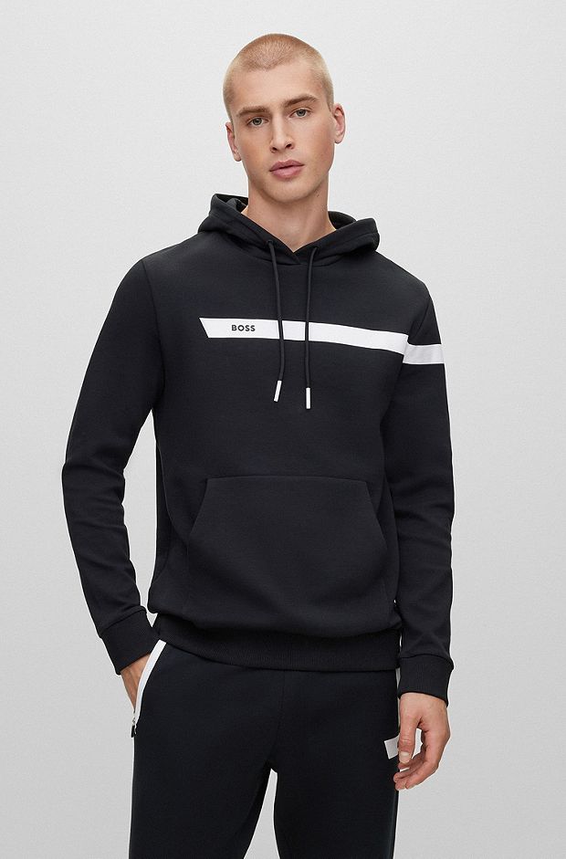 Cotton-blend hoodie with graphic logo stripe, Black