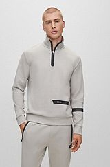Cotton-blend zip-neck sweatshirt with logo stripe, Light Grey