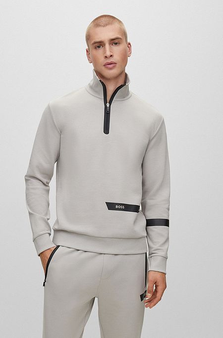 Cotton-blend zip-neck sweatshirt with logo stripe, Light Grey