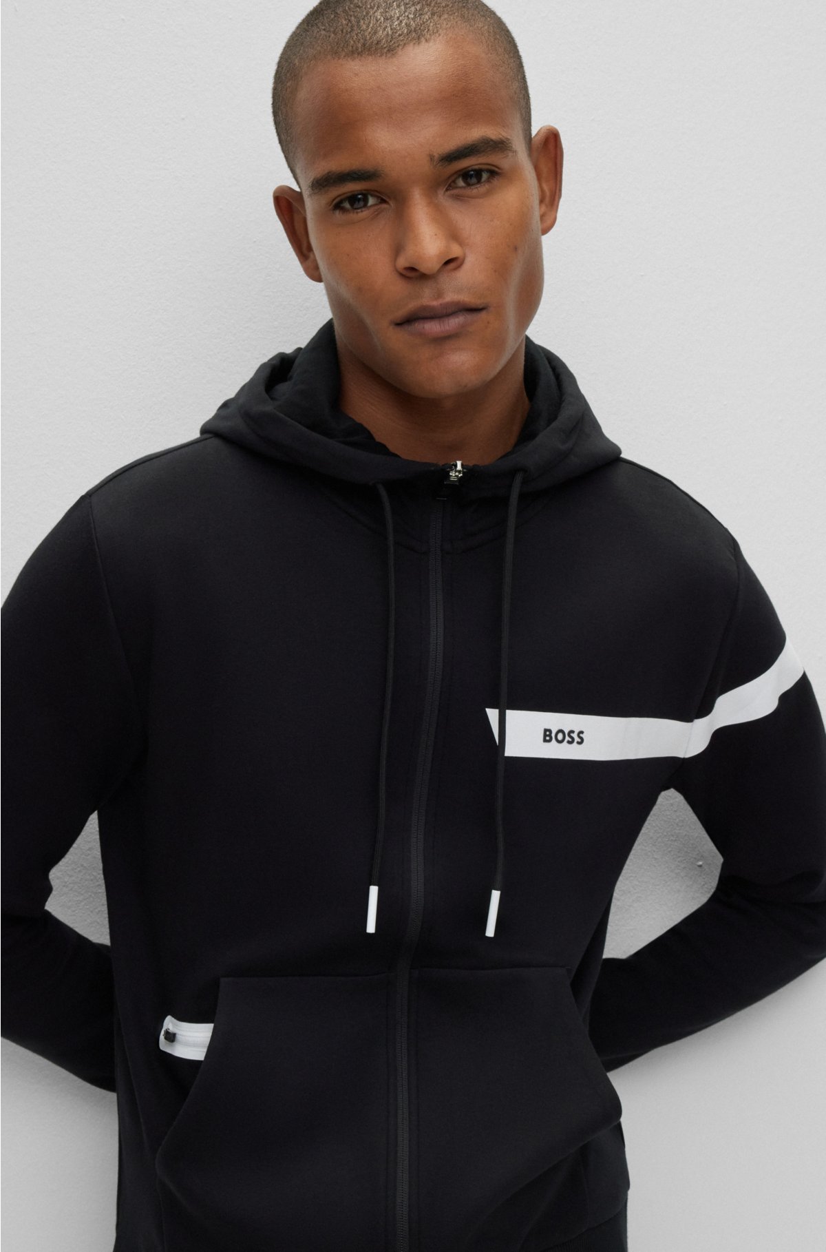 BOSS - Cotton-blend zip-up hoodie with logo stripe