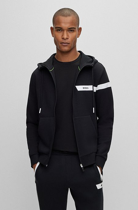Cotton-blend zip-up hoodie with logo stripe, Black