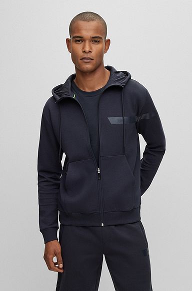 Cotton-blend zip-up hoodie with logo stripe, Dark Blue