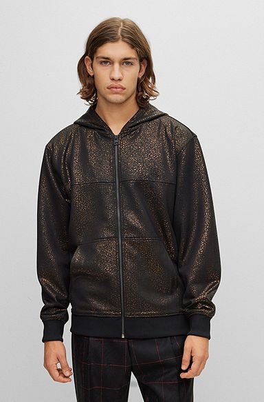 Relaxed-fit zip-up hoodie with seasonal print, Black