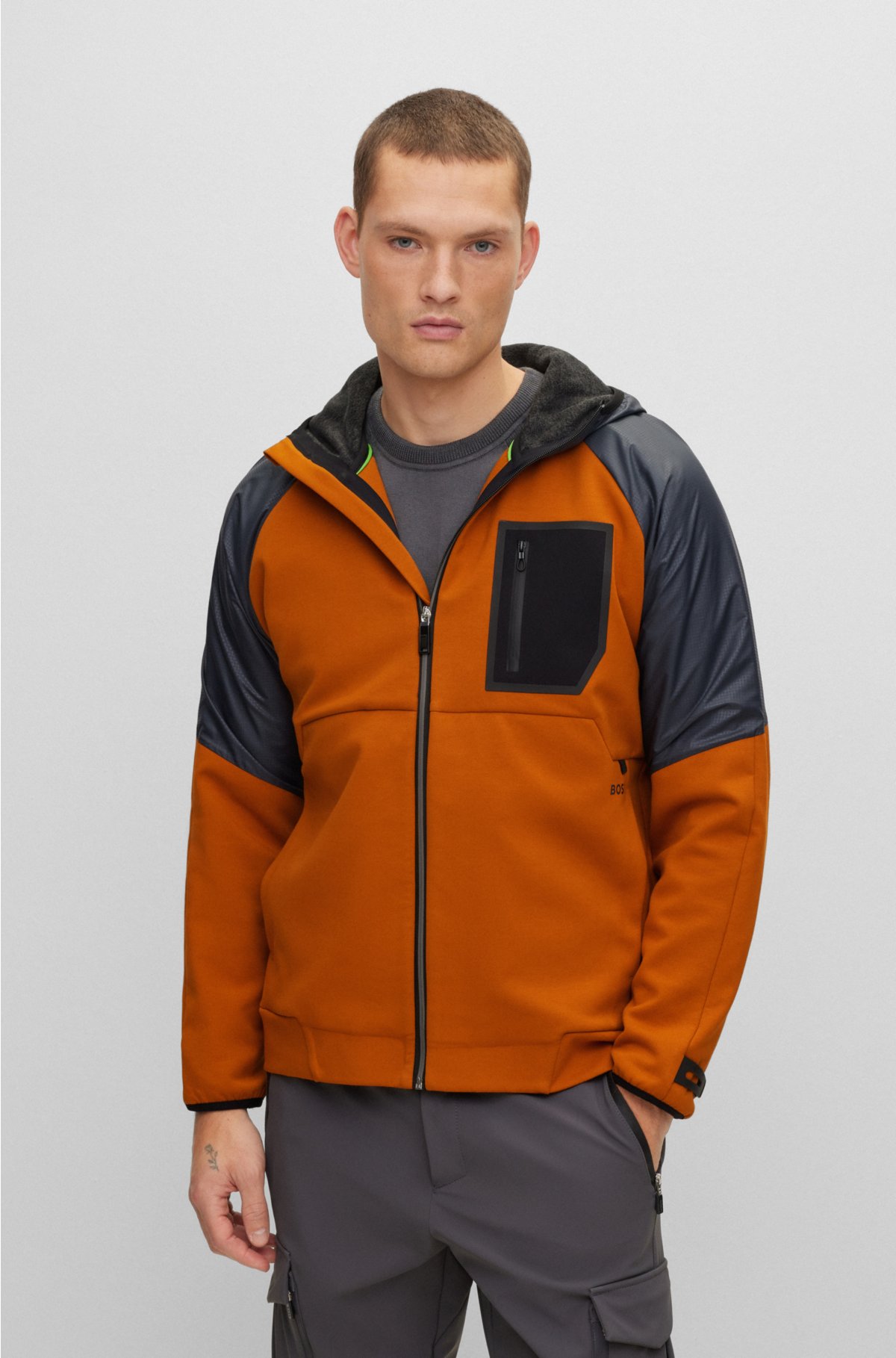 BOSS - Mixed-material zip-up hoodie with fleece lining