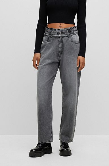 Relaxed-fit paperbag jeans in black rigid denim, Grey