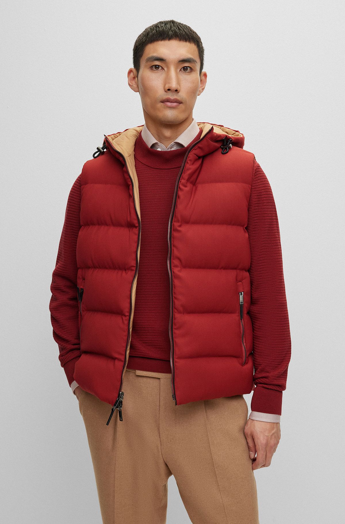 Wool-blend hooded gilet with down filling, Red