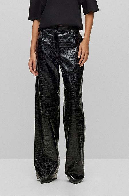 Relaxed-fit trousers in crocodile-structured synthetic coated fabric, Black
