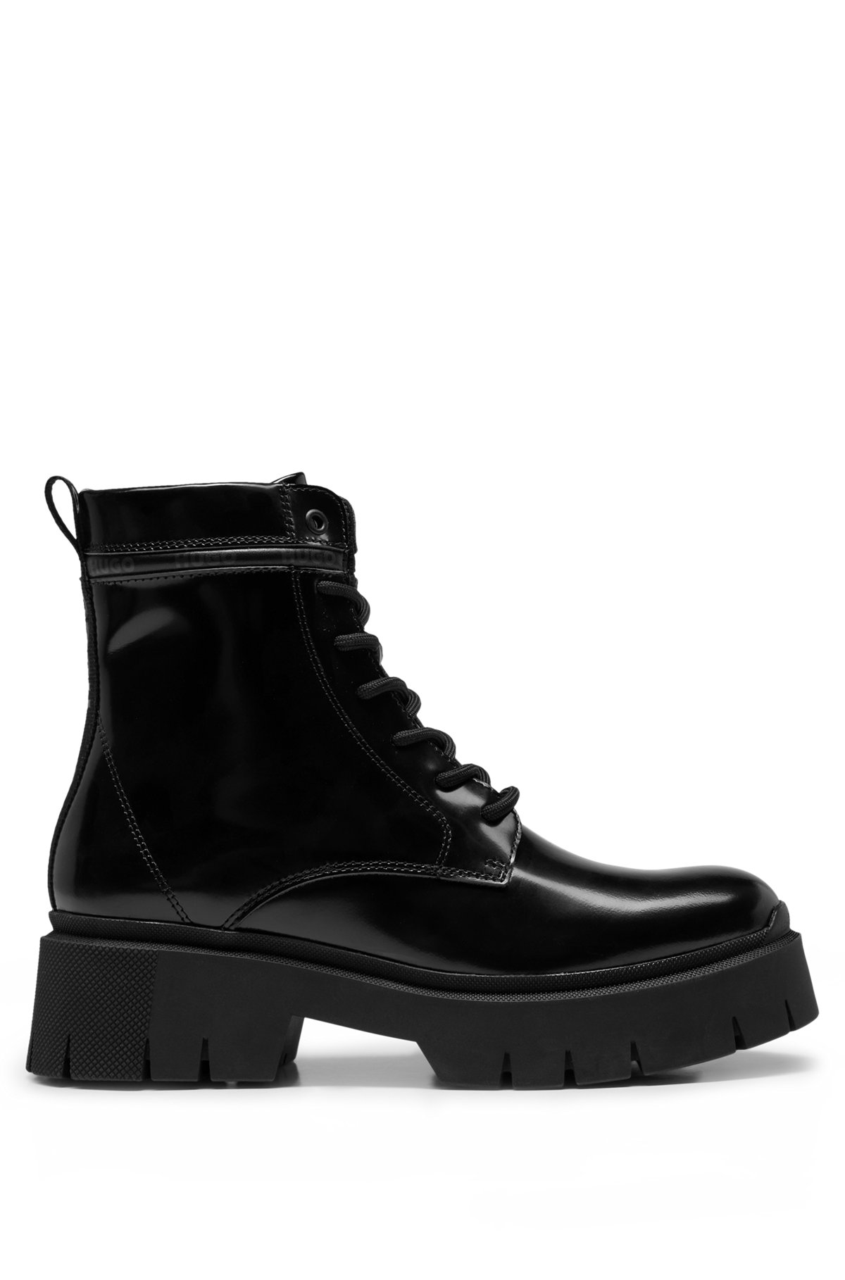 Lace-up leather boots with branded collar trim, Black