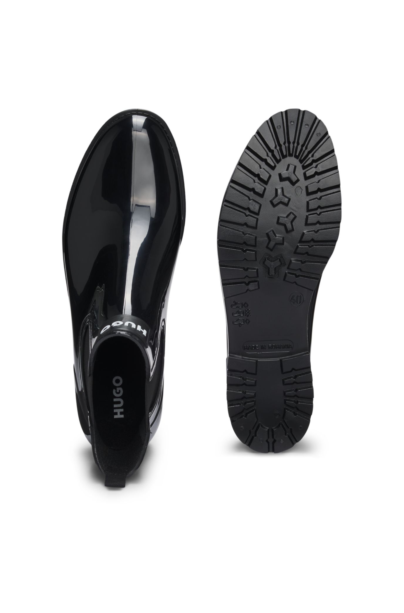 美品⭐︎HUGO BOSS グロッシー チェルシースタイル レインブーツ　23.5 HUGO - グロッシー チェルシーレインブーツ ロゴパッチ - ブラック
