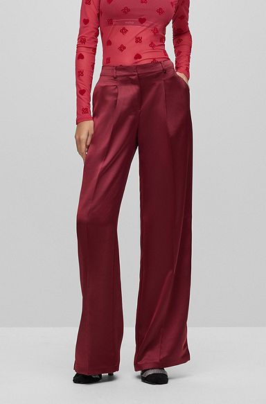 Wide-leg relaxed-fit trousers in soft satin, Dark Red