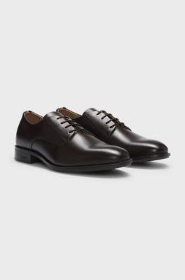 Chaussures derby en cuir avec finitions embl&eacute;matiques, Marron fonc&eacute;