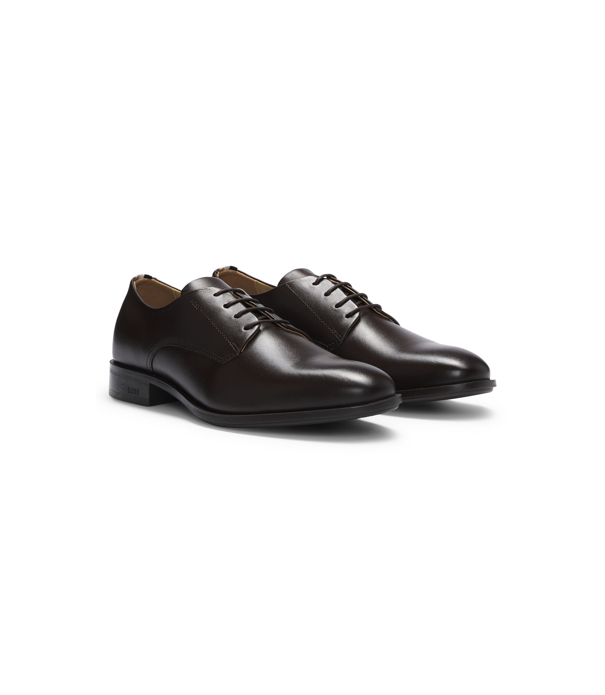Hugo Boss Men Size 12 Dark Bown Leather Bicycle Toe Lace Up Derby Dress Shoes BOSS - Leather Derby shoes with signature trims - Dark Brown main image 2