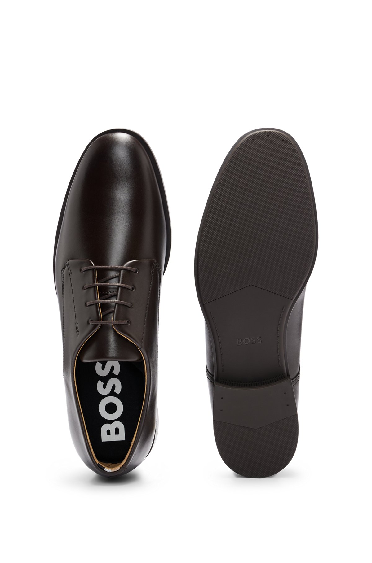 Derby shoes in leather with embossed logo, Dark Brown