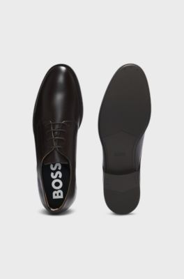 Chaussures derby en cuir avec finitions embl&eacute;matiques, Marron fonc&eacute;