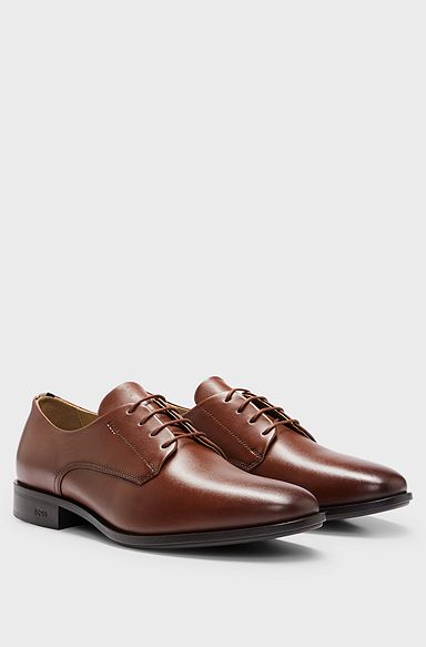 Leather Derby shoes with signature trims, Dark Brown