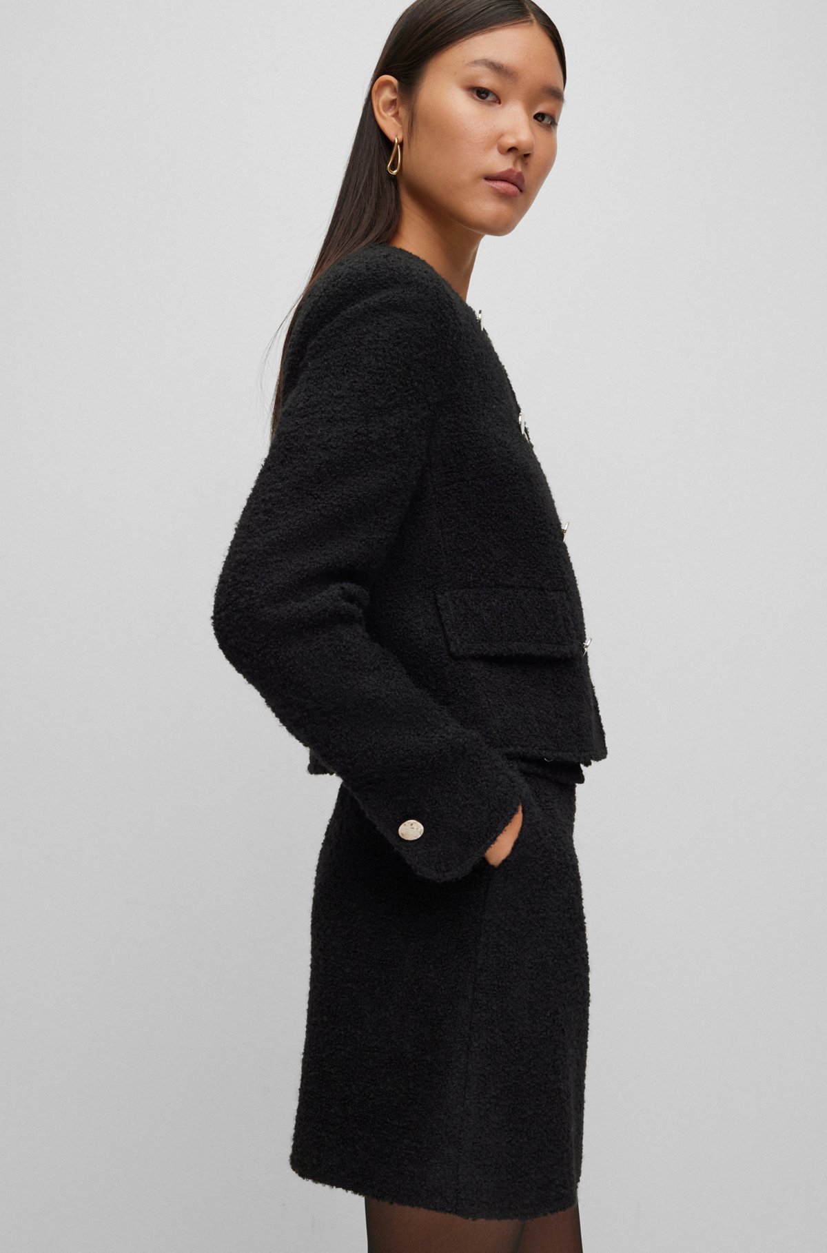 Slim-fit tweed jacket with double-breasted closure, Black