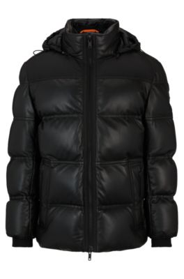 BOSS - Nappa-leather hooded puffer jacket with technical fabric details
