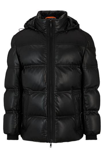 Nappa-leather hooded puffer jacket with technical fabric details, Hugo boss