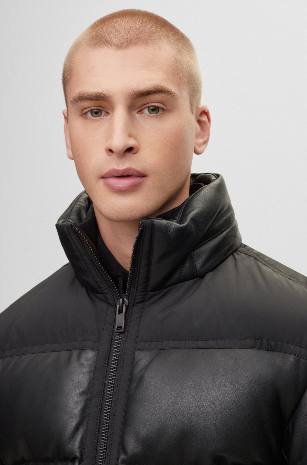 BOSS - Nappa-leather hooded puffer jacket with technical fabric 