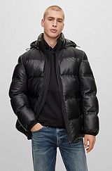 Утепленная куртка из кожи наппа с капюшоном и деталями из технической ткани, Черный
