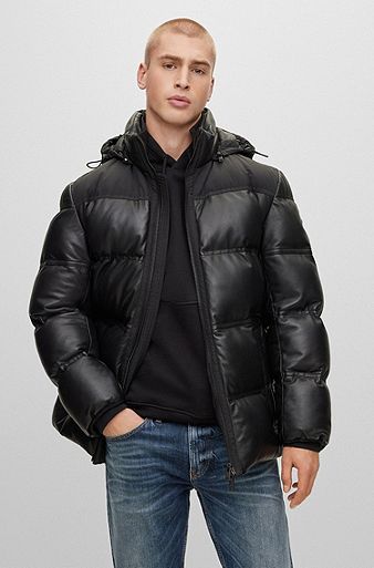Nappa-leather hooded puffer jacket with technical fabric details, Black