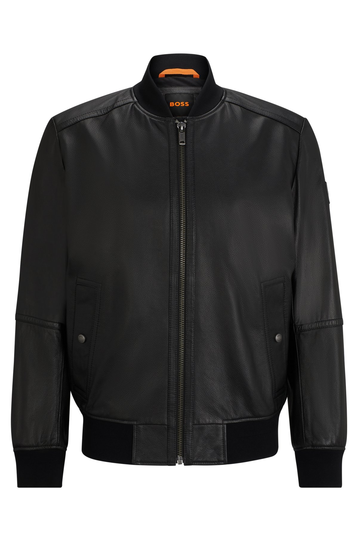 Regular-Fit Jacke aus strukturiertem Leder mit softer Haptik, Schwarz