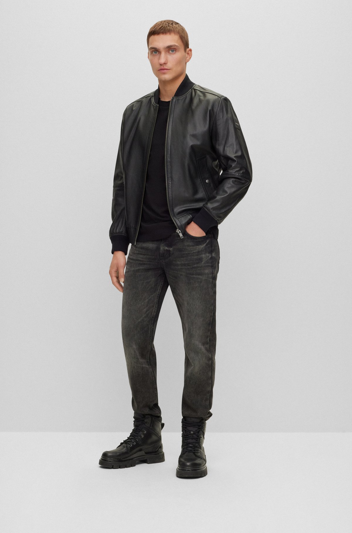 Regular-Fit Jacke aus strukturiertem Leder mit softer Haptik, Schwarz