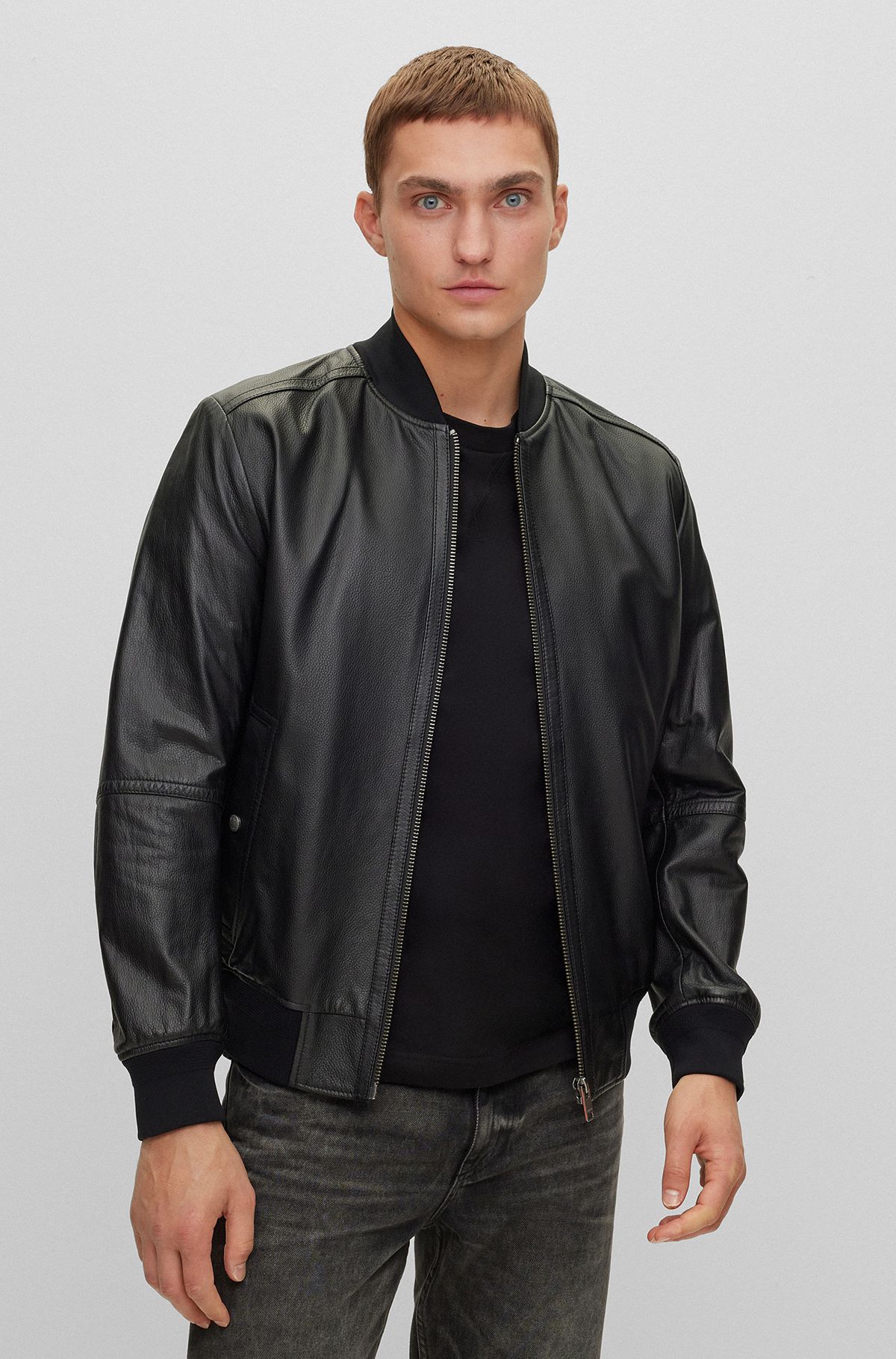 Regular-fit jacket in textured soft-touch leather, Black