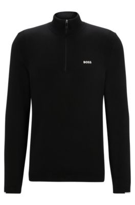 BOSS Cotton blend zip neck sweater with logo print Black