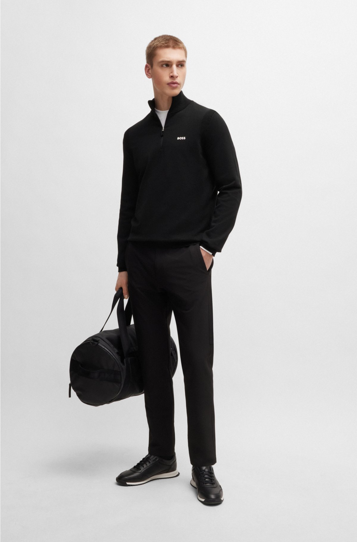 Cotton-blend zip-neck sweater with logo print, Black