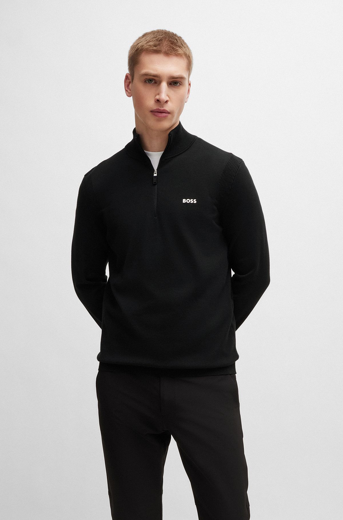 Cotton-blend zip-neck sweater with logo print, Black