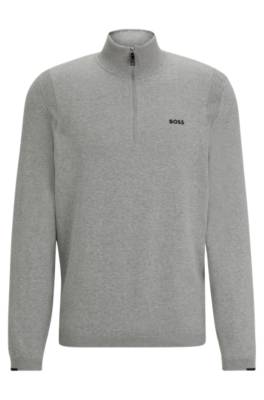 Hugo Boss Cotton-blend Zip-neck Sweater With Logo Print In Gray