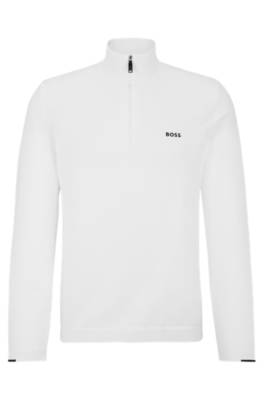 Hugo Boss Cotton-blend Zip-neck Sweater With Logo Print In Gray