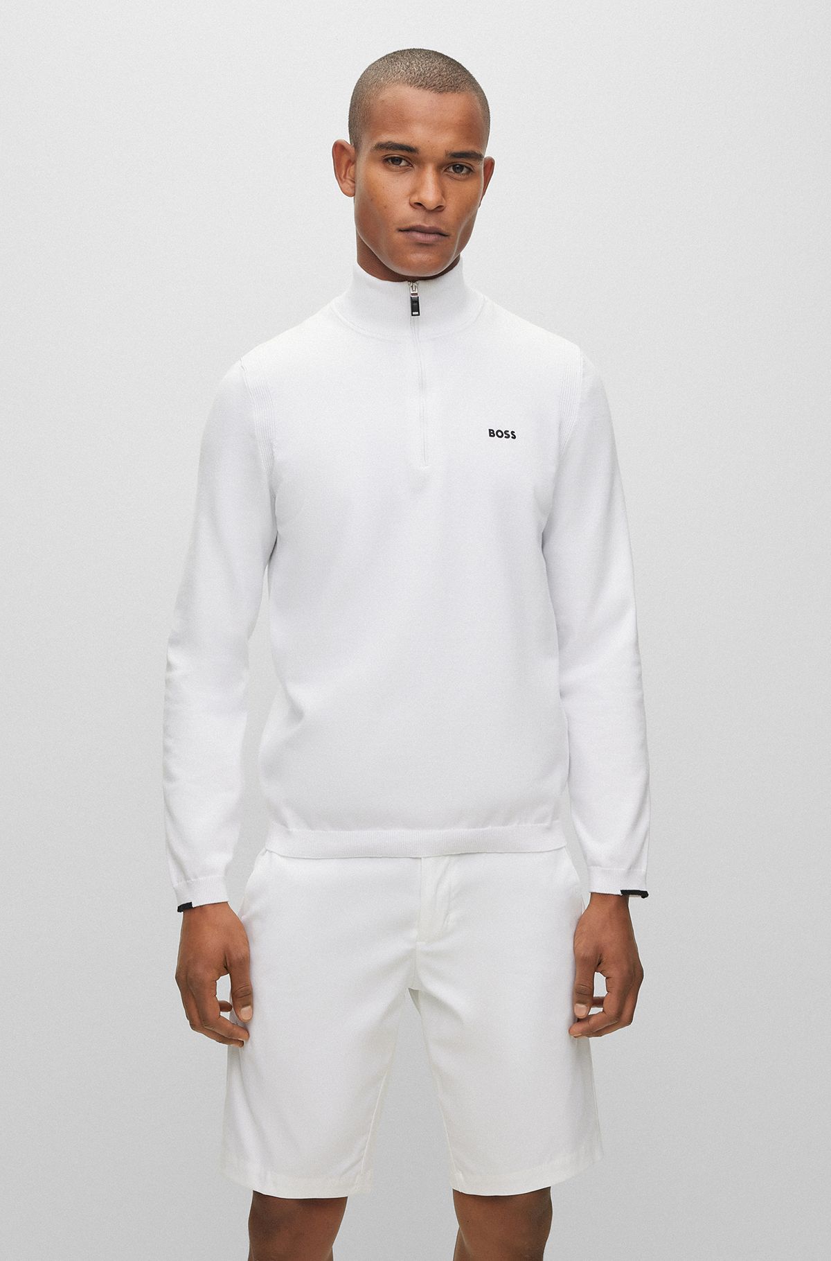Cotton-blend zip-neck sweater with logo print, White