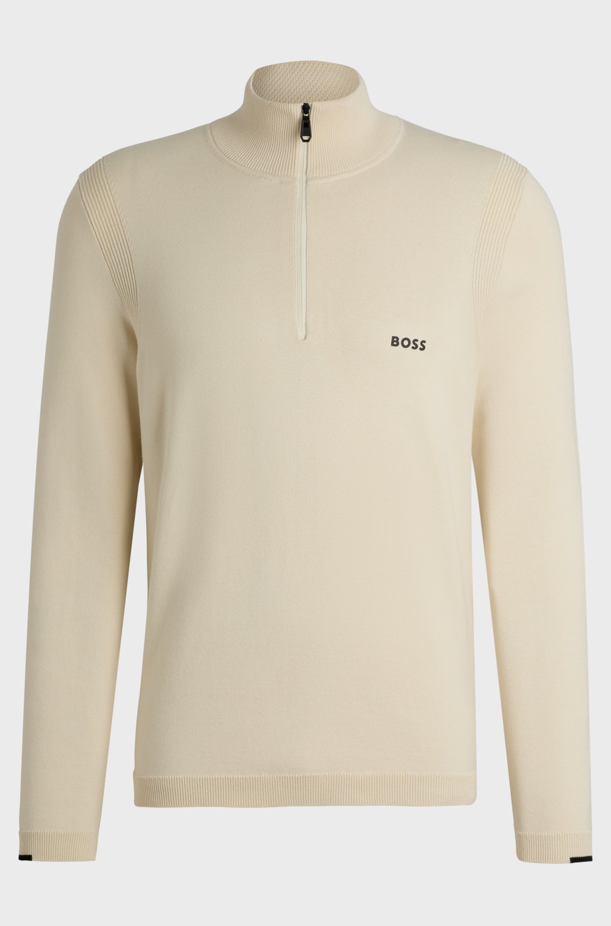BOSS - Cotton-blend zip-neck sweater with logo print - Natural BOSS - Cotton-blend zip-neck sweater with logo print - Natural