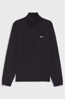 Cotton-blend zip-neck sweater with logo print, Dark Blue