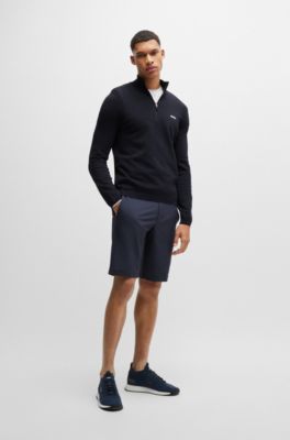 Cotton-blend zip-neck sweater with logo print, Dark Blue