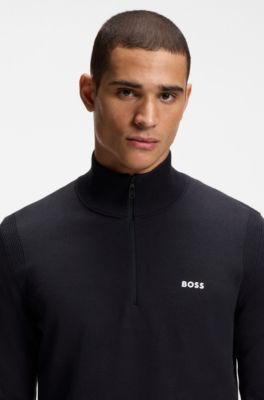 Cotton-blend zip-neck sweater with logo print, Dark Blue