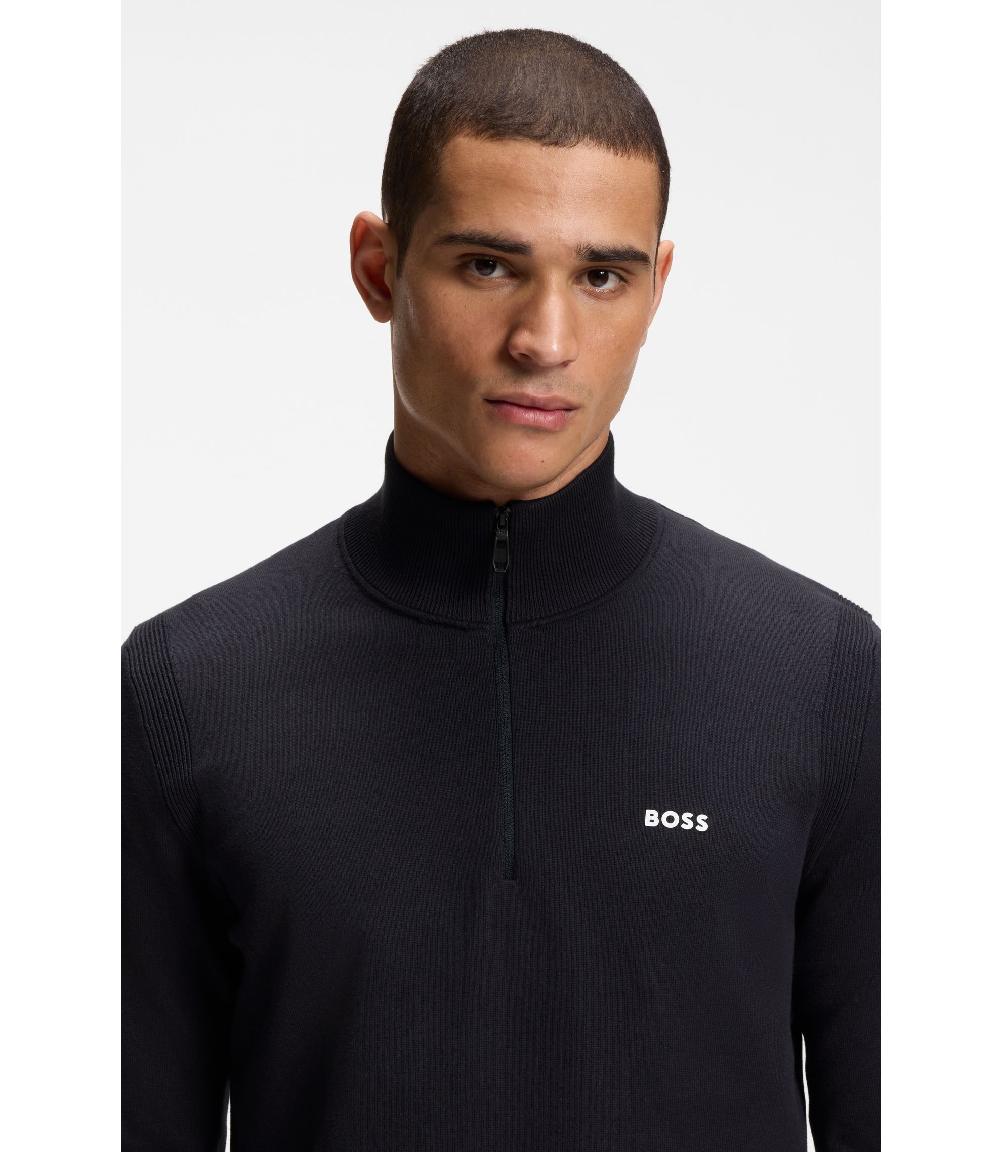 BOSS - Cotton-blend zip-neck sweater with logo print - Dark Blue