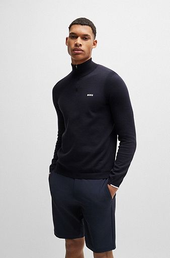 Cotton-blend zip-neck sweater with logo print, Dark Blue