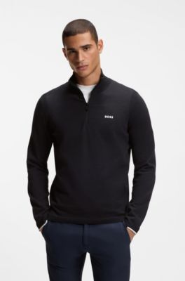 Cotton-blend zip-neck sweater with logo print, Dark Blue