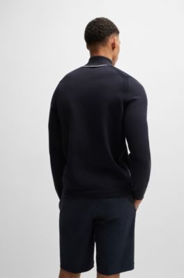 Cotton-blend zip-neck sweater with logo print, Dark Blue