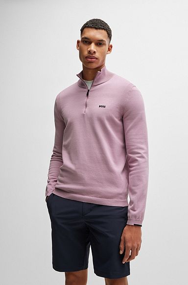 Cotton-blend zip-neck sweater with logo print, light pink
