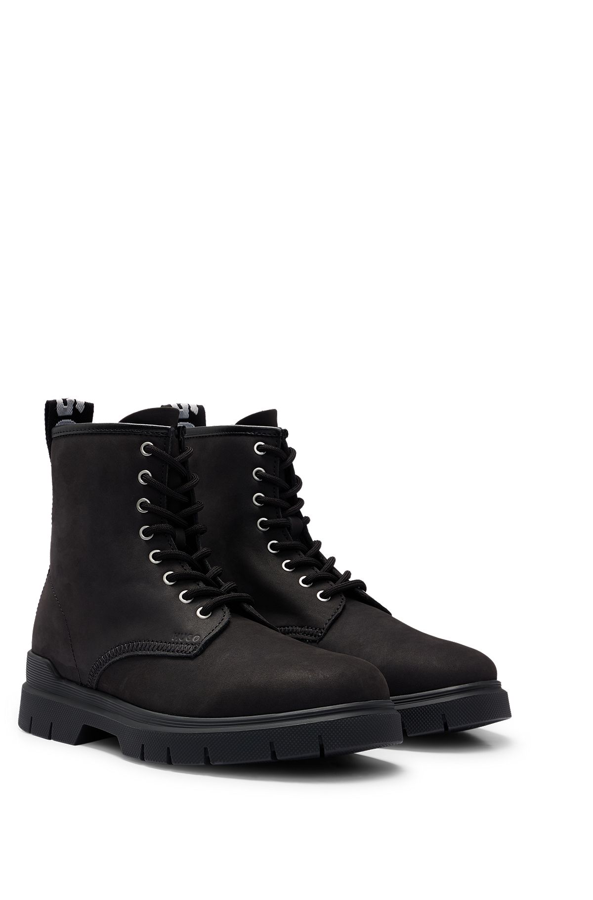 Nubuck leather lace-up boots with logo tape, Black