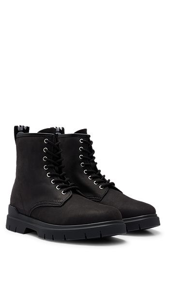 Nubuck leather lace-up boots with logo tape, Black