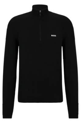 Hugo Boss Cotton-blend Zip-neck Sweater With Logo Detail In Black