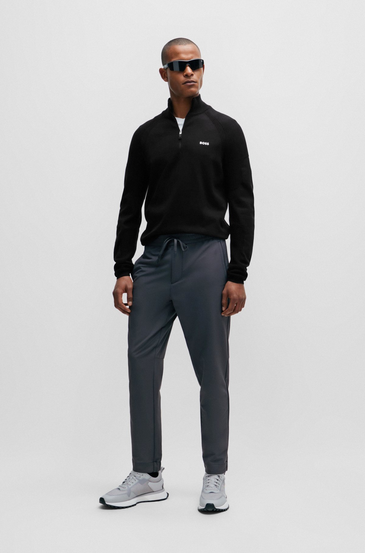 BOSS - Cotton-blend zip-neck sweater with logo detail - Black BOSS - Cotton-blend zip-neck sweater with logo detail - Black