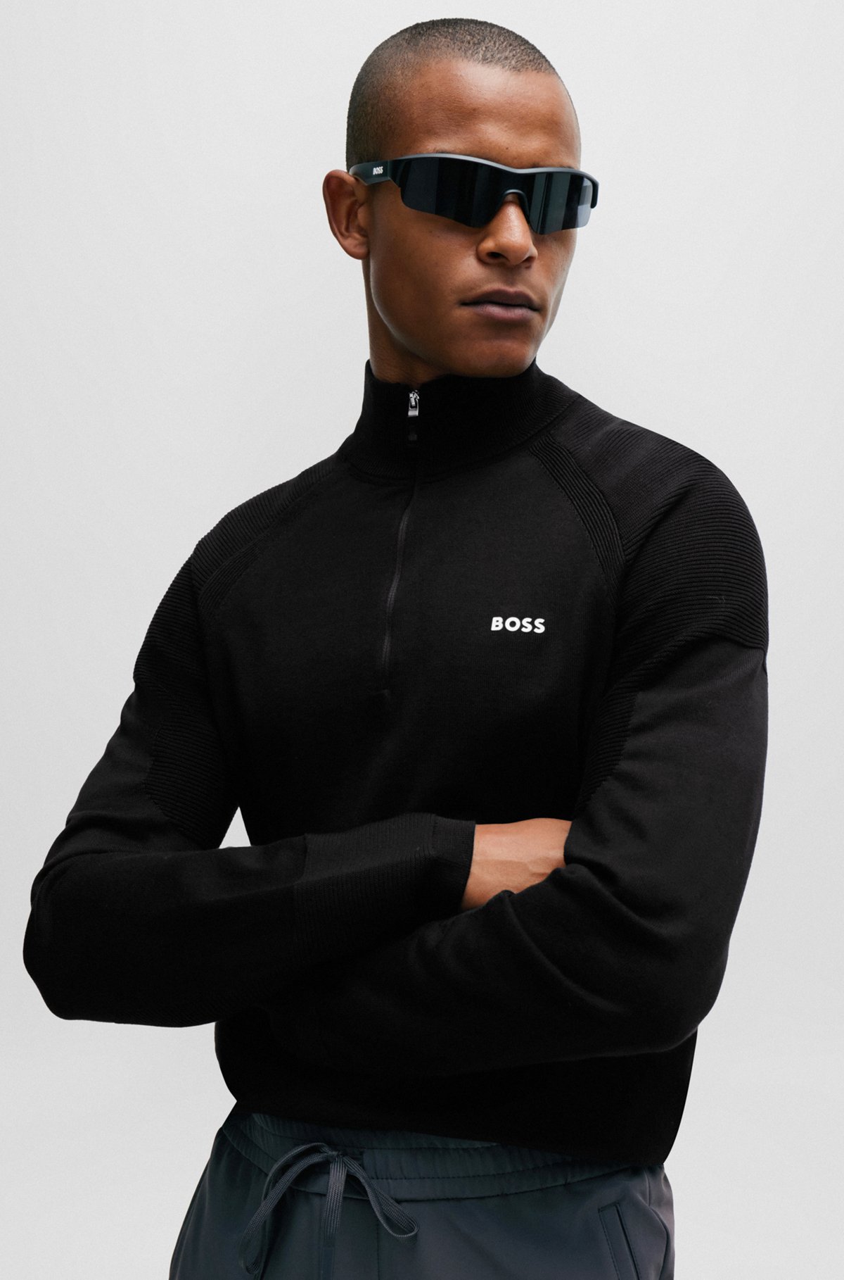 Cotton-blend zip-neck sweater with logo detail, Black
