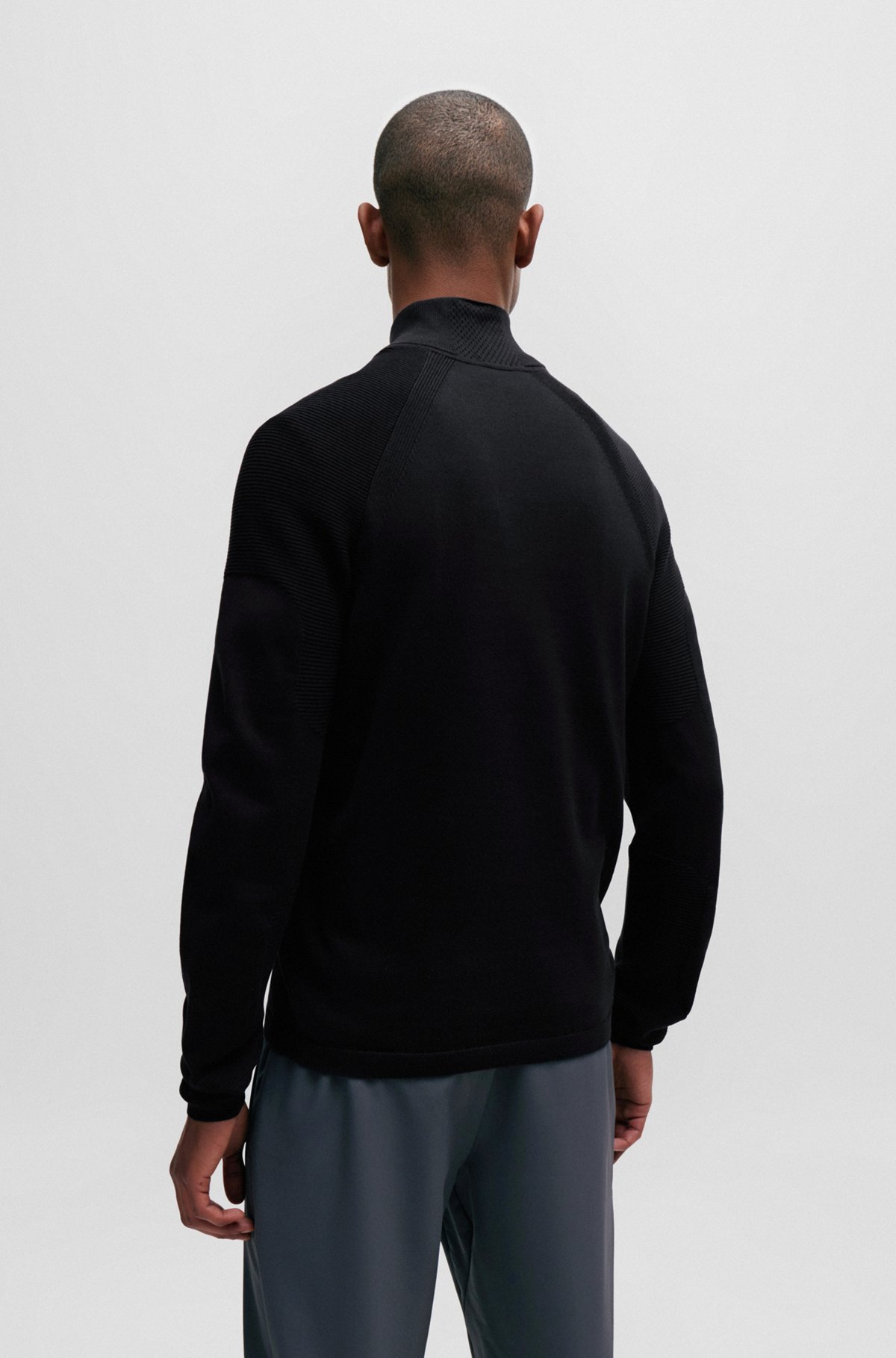 Cotton-blend zip-neck sweater with logo detail, Black