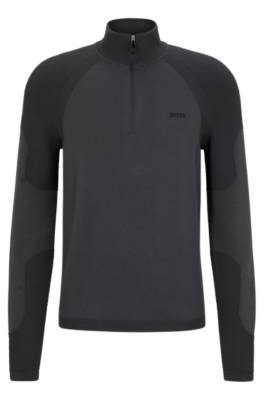 Hugo Boss Cotton-blend Zip-neck Sweater With Logo Detail In Gray